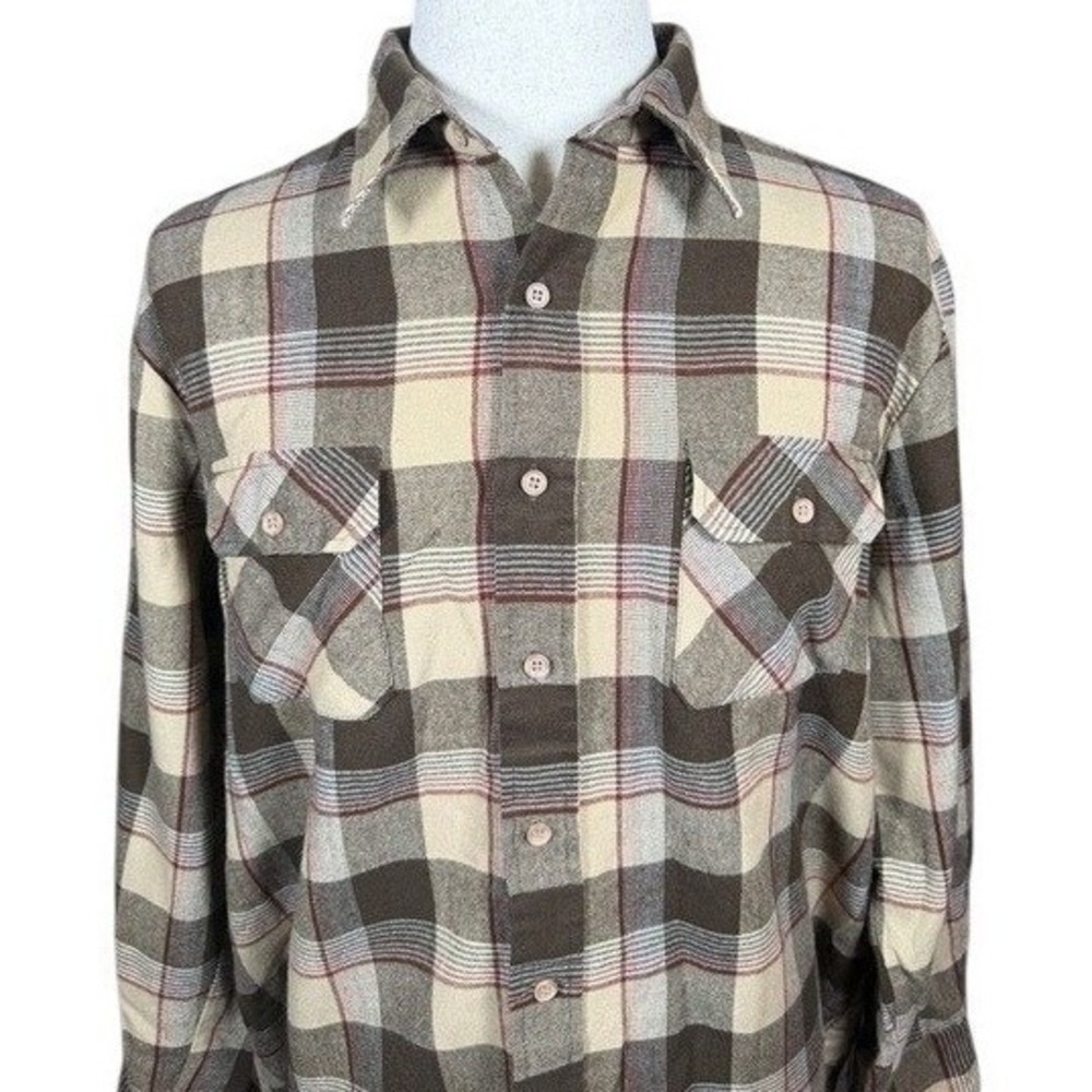 Vintage Sears Men XL Plaid Flannel Shirt Brown Tan Acrylic Long Sleeve Button Up